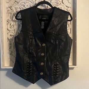 Black Leather Vest with Button and Lace Details